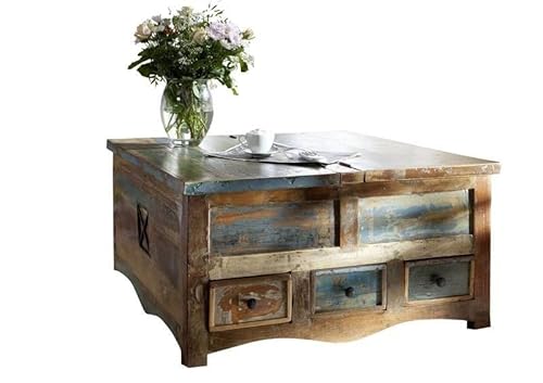 MASSIVMOEBEL24.DE | Nature of Spirit Couchtisch/Truhe 100x100cm Indisches Altholholz, Farbe:Mehrfarbig lackiert, Größe:100x100 cm