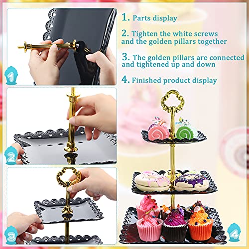 3 Sets Of 3-Tier Plastic Cupcake Stand Dessert Plates Mini Cake Fruit Candy Display Tower Reusable Tiered Serving Tray Round Square Pastry Cake Rack Holder Tray For Wedding Birthday (Black) #TOP2