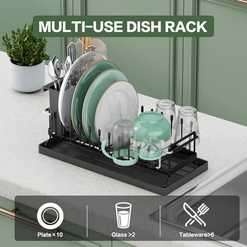 Dish Drying Rack - Aufworld Expandable Small Sink Dish Rack with Silicone Drying Tray, Over Sink Dish Drainer for Kitchen Counter with Utensil Holder, Drain Rack Fit for 14’’-19’’ Kitchen Sink
