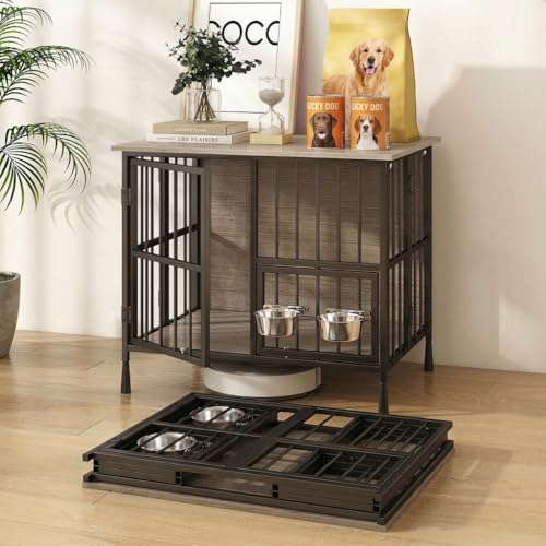 Hadulcet Foldable Dog Crate Furniture, 27.55” Small Indoor Dog Kennel with Storage Top, Wooden Dog Crate Table for Small to Medium Dogs (Up to 30 lbs), Furniture Style Dog Cage with 2 Bowls, Gray by Hadulcet - Used condition - US$104.82