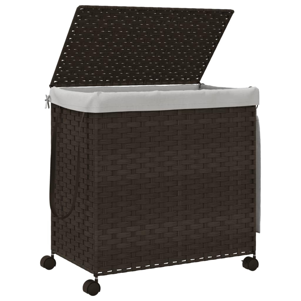 Wäschekorb mit Rollen und Deckel aus handgeflochtenem Rattan in Dunkelbraun 60x35x60,5 cm mit 3 Fächern, Tragegriffen, Innenbeutel und klappbarem Design für Waschküche und Badezimmer