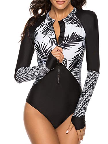 Womens Long Sleeve Rash Guard Uv Protection Zipper Floral Printed Surfing One Piece Swimsuit Bathing Suit Black Leaf 2Xl #TOP4