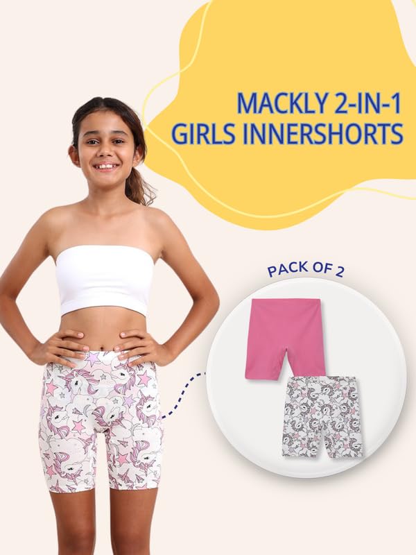 Image of mackly Girls Inner Shorts (Pack of 2) | 2-in-1 Seamless Panty Shorts with Gusset | Soft Breathable Base Layer for Dresses, Skirts