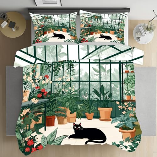 Housse de couette monstera chat noir 140x200 parure de lit fleurs rustique