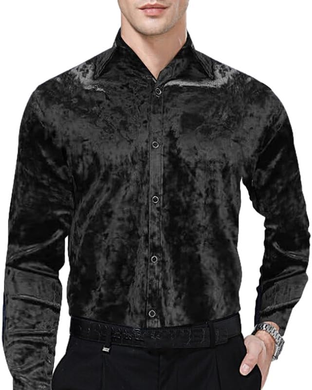 KISSQIQI Mens Dress Shirts Velvet Long Sleeve Shirts Casual Button Down Solid Slim Fit Muscle Shirt for Wedding Party - Image 2
