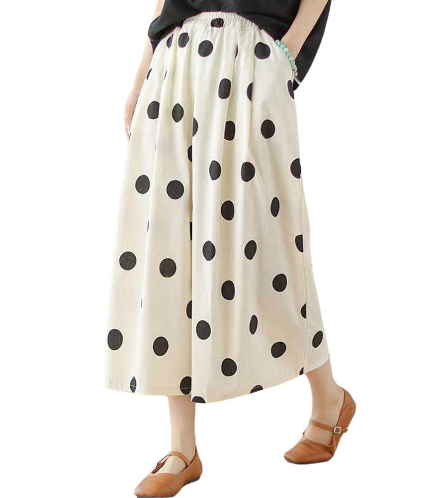 chouyatou Womens Retro Polka Dot Wide Leg Baggy Pants Elastic Waist Capri Palazzo Pants Culottes with Pockets