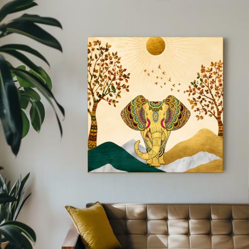 Image of PAINTINGMANTRA istic Elephant Theme Multicolored 1 Stretched Canvas Painting, Outer Size-22x22 Inch