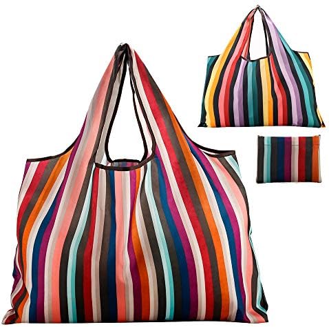 JISEN Reusable Grocery Bags 2 Packs Large Nylon Washable Foldable Eco Friendly Heavy Duty Shopping Tote Bag Fits in Pocket New Rainbow