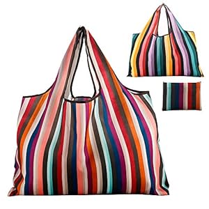 Reusable Grocery Bag Gophra 2 Packs Large Washable Foldable Eco Friendly Nylon Heavy Duty Fits in Pocket Shopping Tote Bag (New Rainbow)