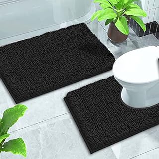 GVTECH Bath Mat Set 2 Pieces, Chenille Non-Slip Back 50x80 cm Bathroom Mat & 50x60 cm U Shape Toilet Rug Fleece Softness, Highly Absorbent, Bathroom Carpet, Super Soft Microfiber Bath Rug (Black)