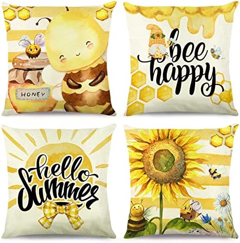 Onecmore Summer Bee Pillow Covers 18x18 Set of 4 Yellow Stripes Sunshine Sunflower Daisies Honey Chamomile Floral for Sofa Bed Couch Cushion Covers Decor Cushion Case Party Supply Decorations