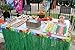 Tytroy 9ft Reusable Green Grass Hibiscus Flowers Hawaiian Luau Table Skirt Set with Bonus 12 Green Tropical Palm Leaves Perfect for Tropical Theme Tiki Hula or Moana Birthday Parties (Green)