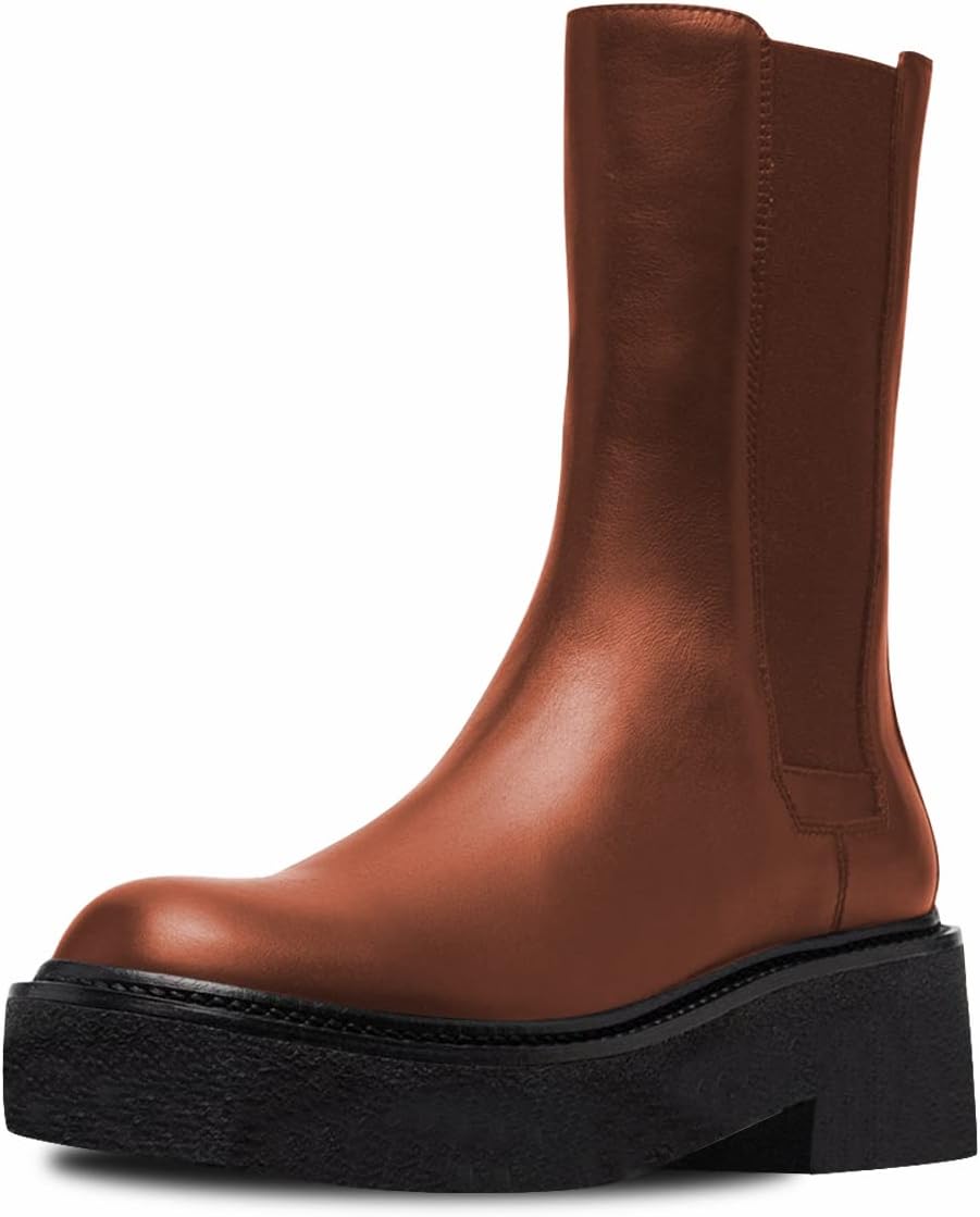 FSJ Women Chelsea Ankle Boots Round Toe Slip On Mid Calf Chunky Low Heel Platform Comfortable Elastic Pull On Fashion Booties Size 4-15 US