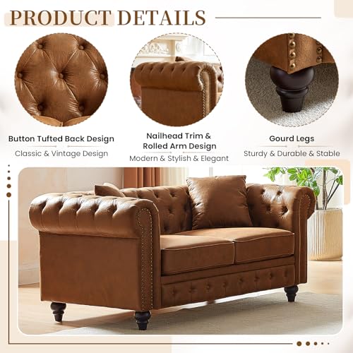 Image of Mid Century Modern Loveseat Sofa, 63.5 inchW Faux Leather Button Tufted Small Couch with Nailhead Trim & Roll Armrest, Comfy Upholstered Chesterfield Sofa for Living Room, Office(2 Seater, Brown)