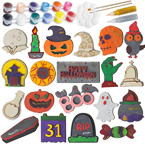 BainGesk 20 Pcs Halloween Wooden Painting Arts and Crafts - Creativity Craft Kits for Kids - Halloween Magnet Painting Crafts Kit for Party Favor Supplies, Halloween Decoration, Family Crafts