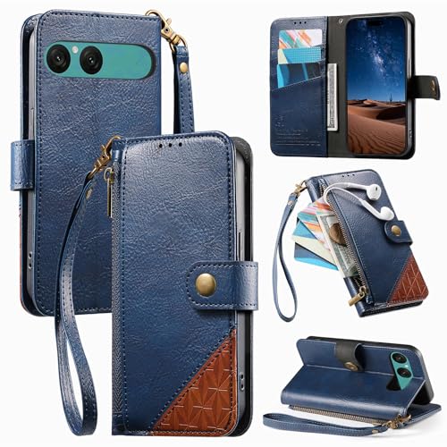 Rfvzubemok Compatible with Sony Xperia 10 VII 5G Flip Kickstand Zipper Wallet with a Lanyard and Magnetic Closure Phone Case Blue