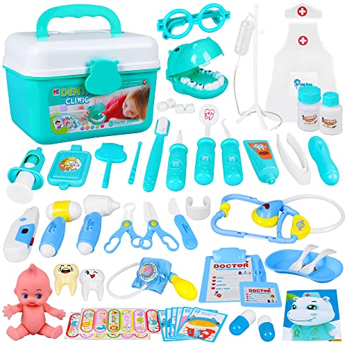 Doctor Kit for Kids-48Pcs Pretend Play Educational Doctor Toys,with Stethoscope,Dental Accessories and Doctor Role Play Costume for Imagination Toys for 3 4 5 6 7 8 Years Old Girls Boys Toddler Gifts