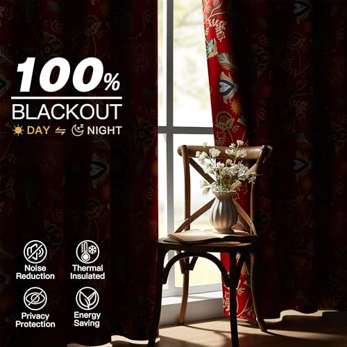 Image of XiDi Red Floral Patterned Blackout Curtains 96 Inches Long 2 Panels | for Bedroom Living Room Thermal Insulated Luxury Vintage Flower Curtains Botanical Leaf Printed Grommet Window Drapes 52x96