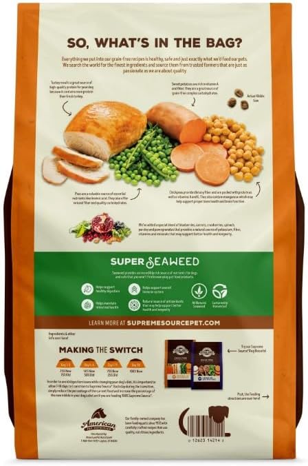 Supreme Source Grain-Free Dry Dog Food, Recipe with Seaweed Superfood, All Life Stages, Complete Nutrition, No Corn Soy or Fillers, Natural Digestive Support ~ (5 lbs, Turkey Meal & Sweet Potato).