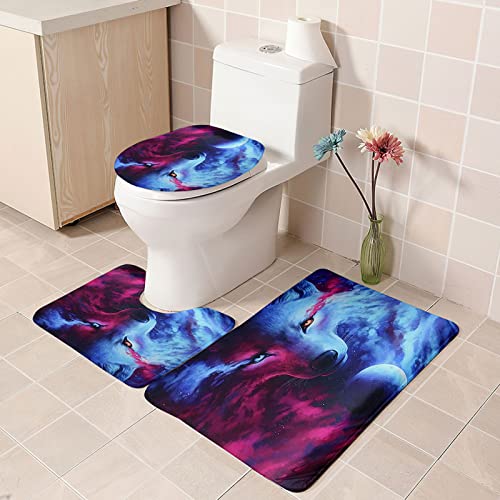 3 Teilig Badematte Set Blauer lila Wolf 3D Badematten Set rutschfest, Badezimmerteppich,U-förmiger WC-Vorleger,WC…