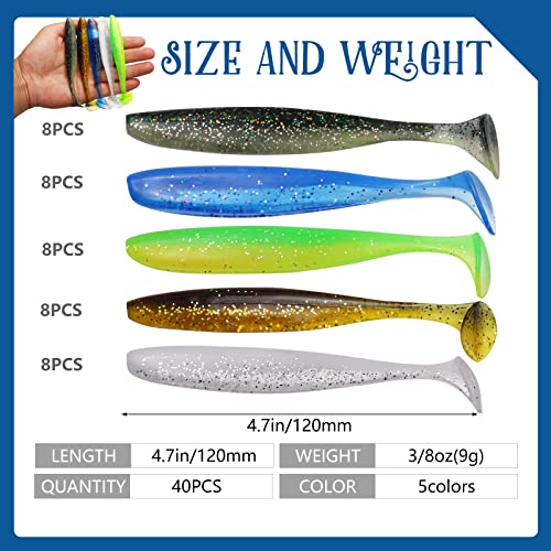 Dovesun Paddle Tail Swimbait, Soft Plastic Swimbait Bass Fishing Lure 5 Colors Shad Minnow Bait Used With Chatterbait-Jig Head Rig Soft Swimbaits 4.7In /40Pcs #TOP3