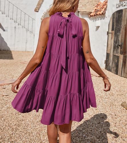 Okiwam Womens Summer Halter Dresses Sleeveless A Line Tiered Swing Mini 2025 Fall Casual Boho Beach Vacation Sundress