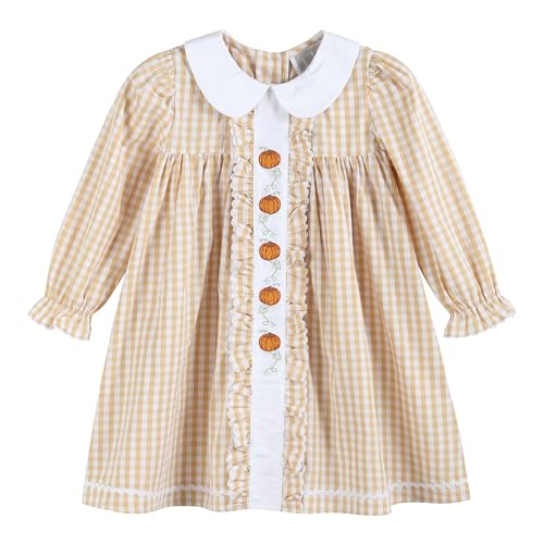 Baby and Girls Light Brown Gingham Pumpkin Vine Ruffle Dress