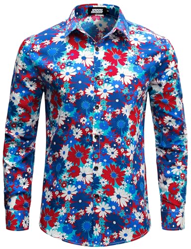 JOGAL Mens Regular fit Floral Dress Shirt Long Sleeve Printed Casual Button Down Shirts Blue Red Medium