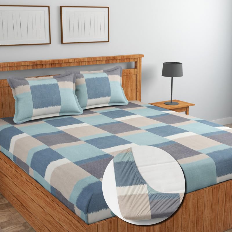 Image of NEW LEAF Glace Cotton Fitted King Size Double Bedsheets with 2 Pillow Covers | Elastic Fitted | Wrinklefree | Ultrasoft |Winter Bedsheet 220 tc tc Floral | 78 x 72+10 Inches, Grey Blue