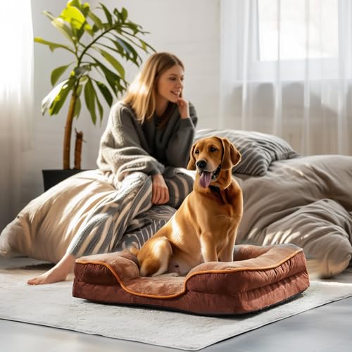 Image of NEWBULIG Orthopedic Dog Beds, Extra Large Sized Dog Couch Beds with Anti-Slip, Foam Sofa for Indoor Cats, Soft Fluffy Surface, 42x32 Inch, Brown