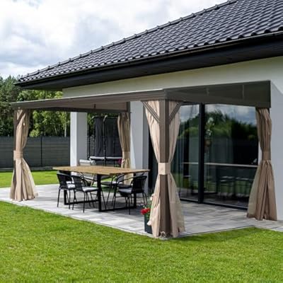 Domi 12x14FT Wall-Mounted Hardtop Gazebo, Aluminum Lean to Gazebo with Galvanized Steel Sloping Roof, Curtains & Netting for Outdoor Patio, Deck, Backyard, Garden Parties