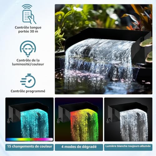 Gotrain Cascade d'étang 30 cm avec LED Déversoir pour Cascade Kit Cascade pour Bassin 45 W, 3 000 l/h, avec Pompe et télécommande pour Fontaine, terrasse, Mur d'eau, Bassin à koï extérieur – vue 3