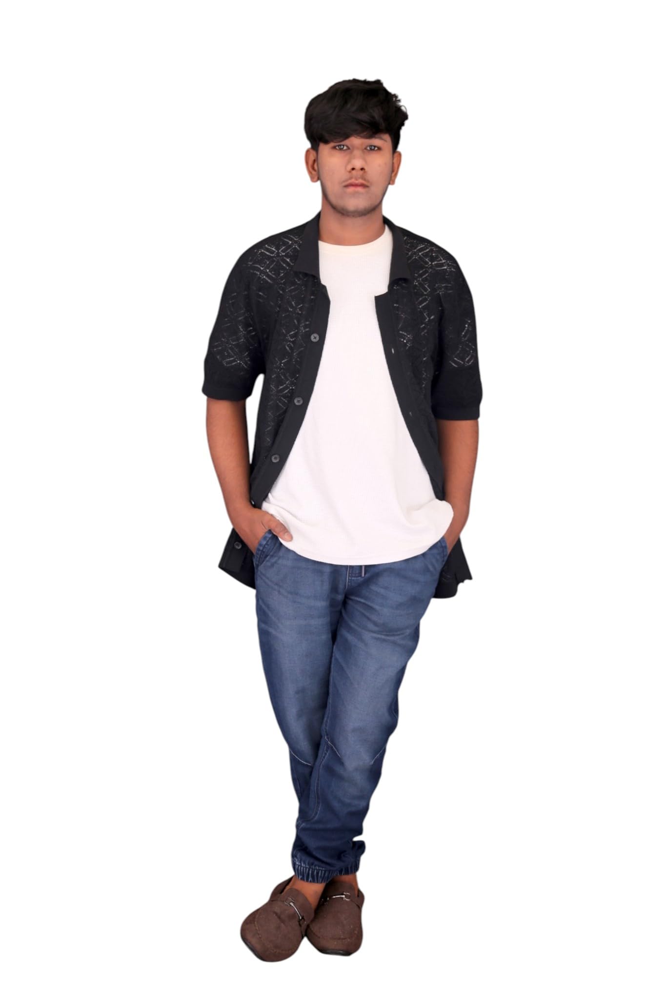 Men's Casual Short Sleeve Textured Button Down Shirt Jacket with White Undershirt and Slim Fit Blue Denim Jogger Jeans Set-image-12