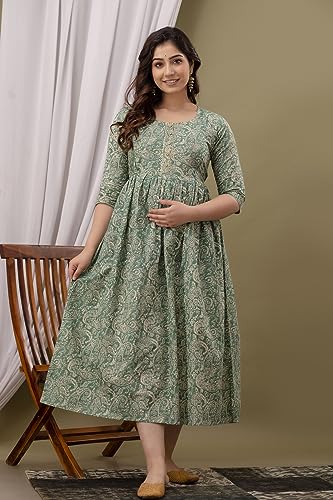 Image of Maternity Feeding Kurti for Women | Cotton Blend Anarkali Dress with Nursing Zip for Pre & Post Pregnancy