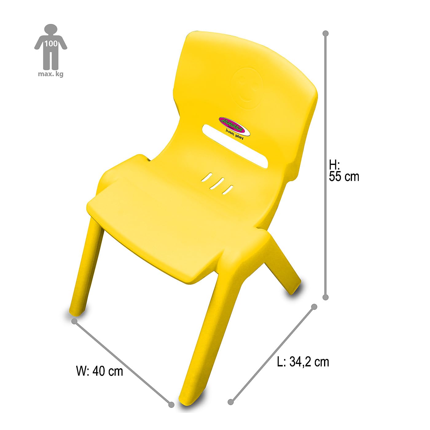 JAMARA 460580 Kinderstuhl Smiley - bis 100 KG belastbar, Kinderstuhl Indoor-/Outdoor geeignet, Schreibtischstuhl Kinder Stuhl, Kinder Gartenstuhl, Stapelbar, Kippsicher, Gelb