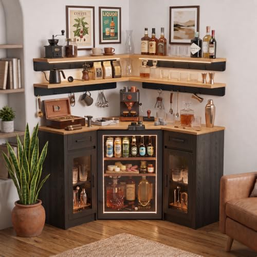 Corner Coffee Bar Cabinet with Fridge Space & Wall Shelves, Home Bar Cabinet with LED Lights, 24 Hooks, Power Outlet, Transparent Display Doors, Wine & Liquor Cabinet, Mini Fridge Cabinet, Black