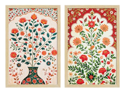 Image of ArtX Paper Floral Art Paintings with Frame for Home Decor, Madhubani Wall Painting for Living Room, Multicolor, Natural Wood Color Frames, 12.0 x 18.0 inch, Set of 2