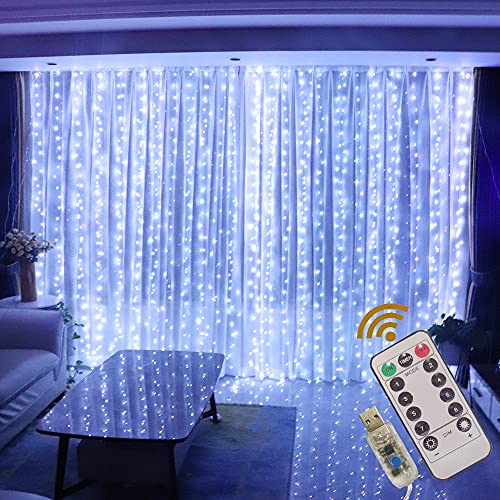 GUOCHENG Guirnalda de luces de cortina de cobre LED de 3 m x 3 m, luces de hadas con USB, luces de ventana con mando a distancia para el hogar, decoración de interiores y exteriores, color blanco frío Cover