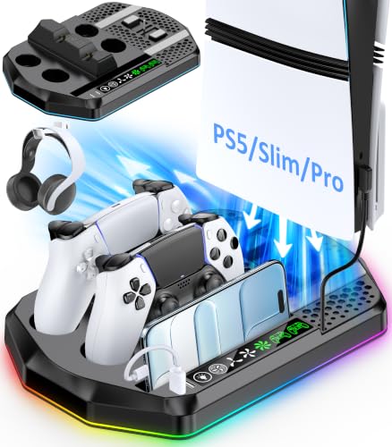 Image of Cooling Station with Controller Charger for PS5 /Slim /Pro, PlayStation 5 Vertical Stand for Disc & Digital Console, Dual PS 5 Controller Charging Station with 3 Level Cooling Fan, PS5 Accessory - Black