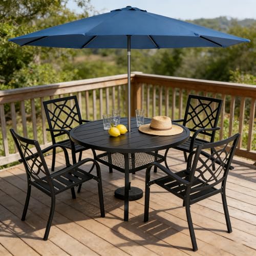 Image of SUNCROWN 6-Piece Outdoor Wrought Iron Chairs and Table Patio Dining Furniture Set - 4 Stackable Metal Chairs, 1 42 inch Round Bistro Table and 1 Dark Blue 9Ft Patio Umbrella for Garden Backyard Deck