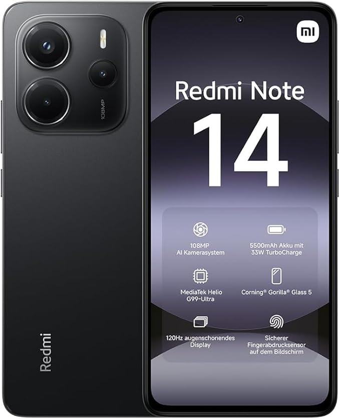 Xiaomi Redmi Note 14 Smartphone, 8 + 256 GB, Black, 108 MP AI Camera System, 5500 mAh Battery, 120 Hz...