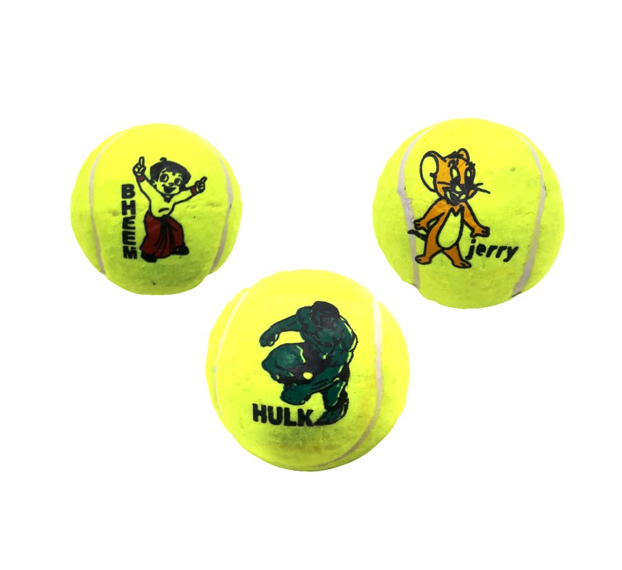 Top Team Light Cricket Cartoon Tennis Ball (Pack of 3) Outer Material: Rubber, Color: Green, Standard Size. (3 Cartoon Printed Tennis Ball).