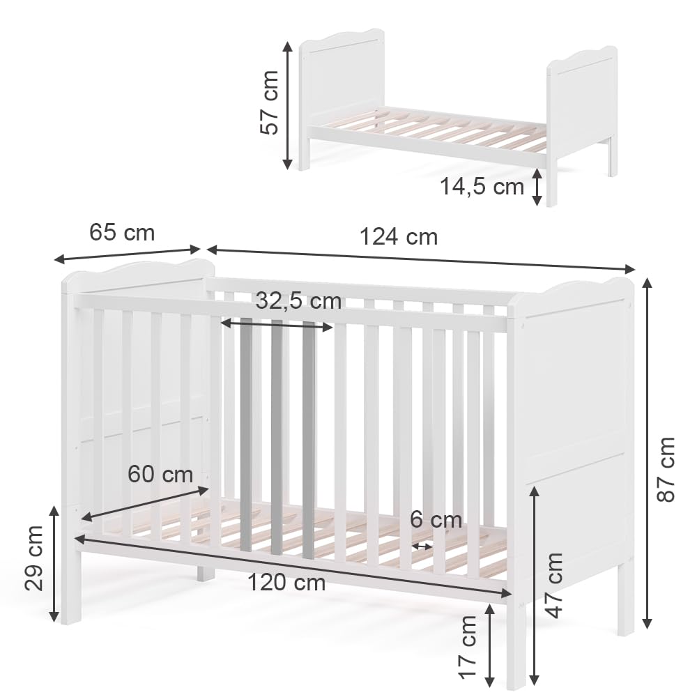 VitaliSpa Lit bébé Tobi, Blanc, 60x120 cm | avec sommier à lattes réglable en hauteur et côtés à barreaux amovibles