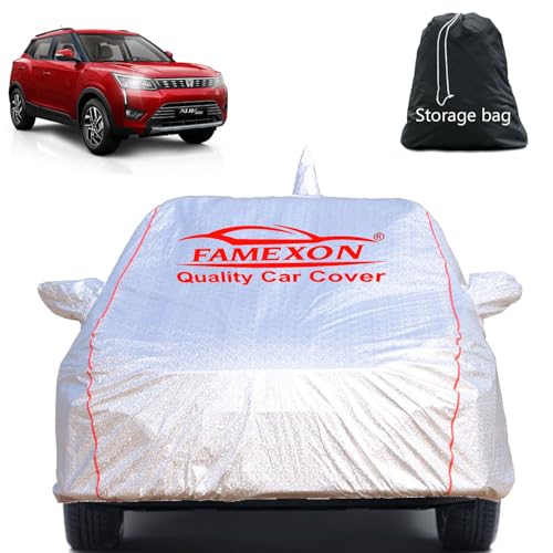 Image of Full Body Car Cover for Mahindra XUV300 with Mirror and Antena Pocket Triple Stiched(Silver with Red Piping)