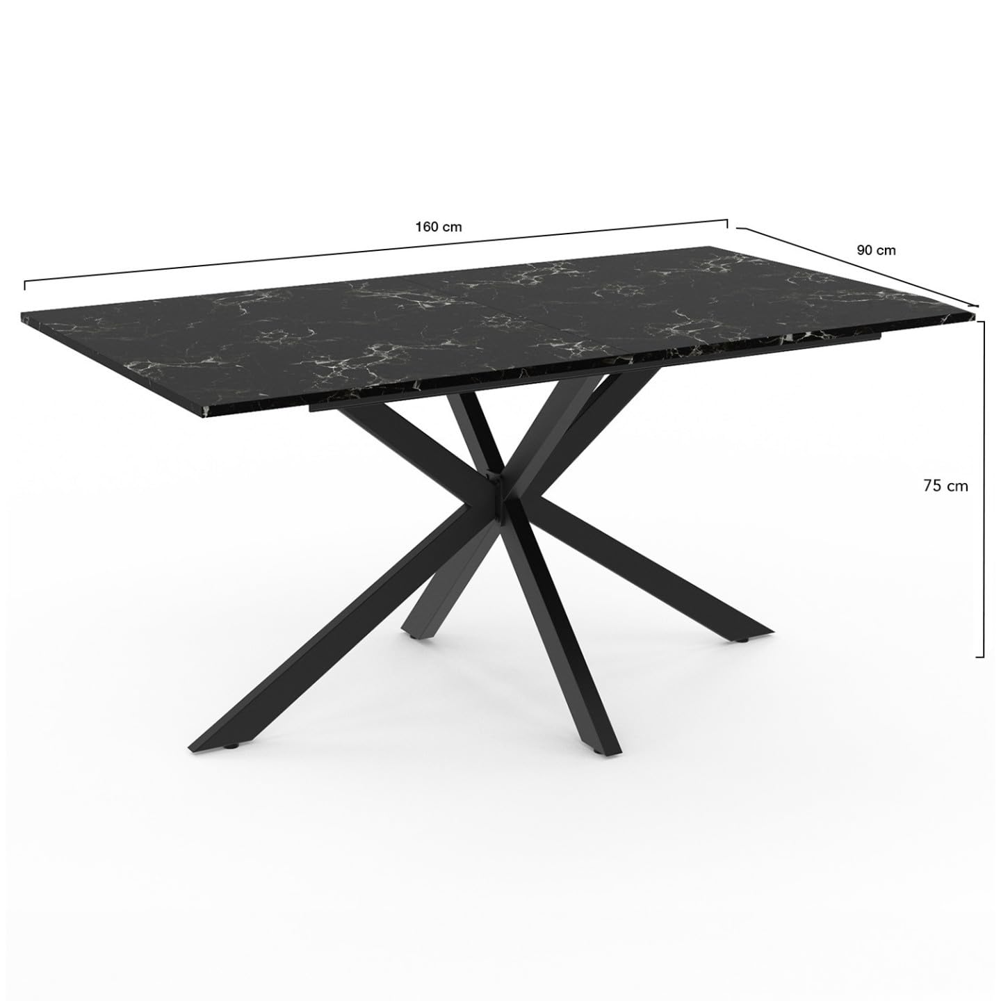 IDMarket - Table à Manger Rectangle Alix 8 Personnes Pied araignée Noir et Plateau Effet marbre Noir Alaska 160 cm
