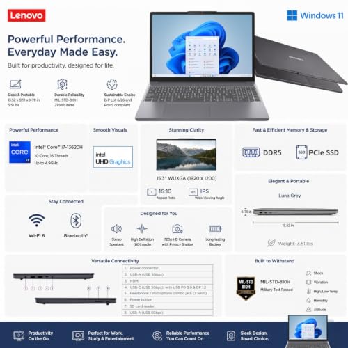 Image of Lenovo IdeaPad Slim 3 Laptop, Intel Core i7 (10-Core), 15.3 inch WUXGA Display 1920x1200, 24GB RAM, 1TB PCIe SSD, Wi-Fi 6, Windows 11, Numeric Keypad, Copilot AI, Business & Home Office Laptop