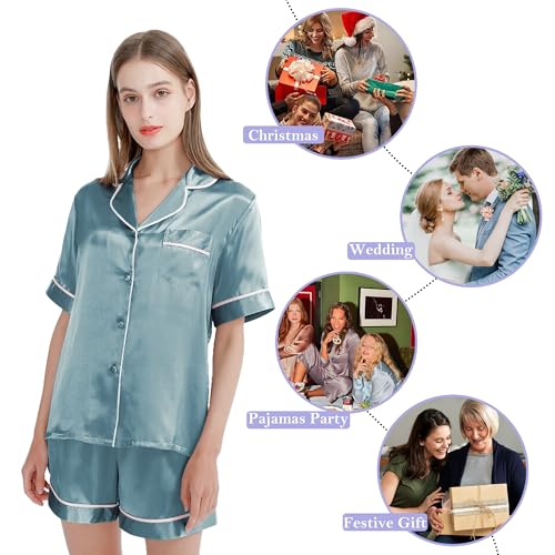 Image of SIIK 100% Mulberry Silk Pajamas Set for Women - 2 Piece Lingerie Sets, Lounge Sleepwear Women Sets, Steel Blue Large