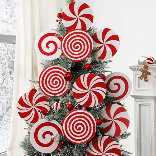 12pcs Jumbo Peppermint Christmas Picks Large Red White Candy Cane Lollipop Stems for Tree Decor Festive Fun Home Office Party Vase Decorations