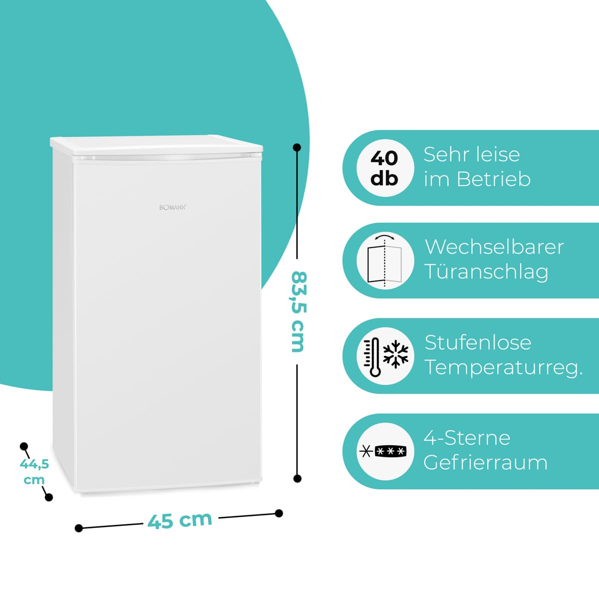 Bomann Gefrierschrank klein | 4 Sterne-Gefrierfach | Tiefkühlschrank 3 Fächer | leise | ≤ -18°C | Türanschlag wechselbar | 60L Mini Freezer | kleiner Gefrierschrank | GS 7256 weiß