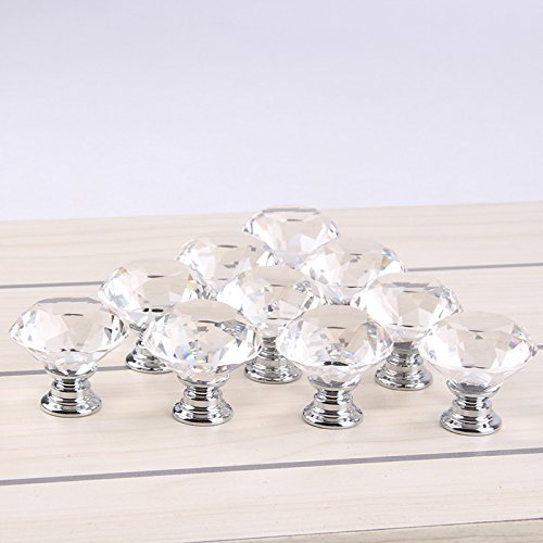 VNDEFUL 5PCS Diamond Cut Clear Crystal Glass Drawer Wardrobe Kitchen Door Knob Cabinet Pull Door Handle Cupboard Hardware with Screws (30mm, Clear)